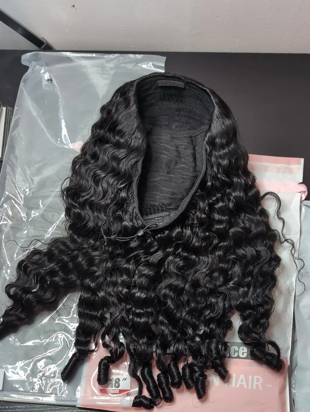 18-in Human Hair Burmese Curly Half Wig Glueless Spiral Ends Drawstring 1B 180%
